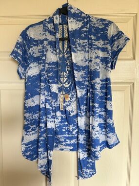 Eyeshadow Blue and White Short-Sleeve Open Front Tunic Cardigan